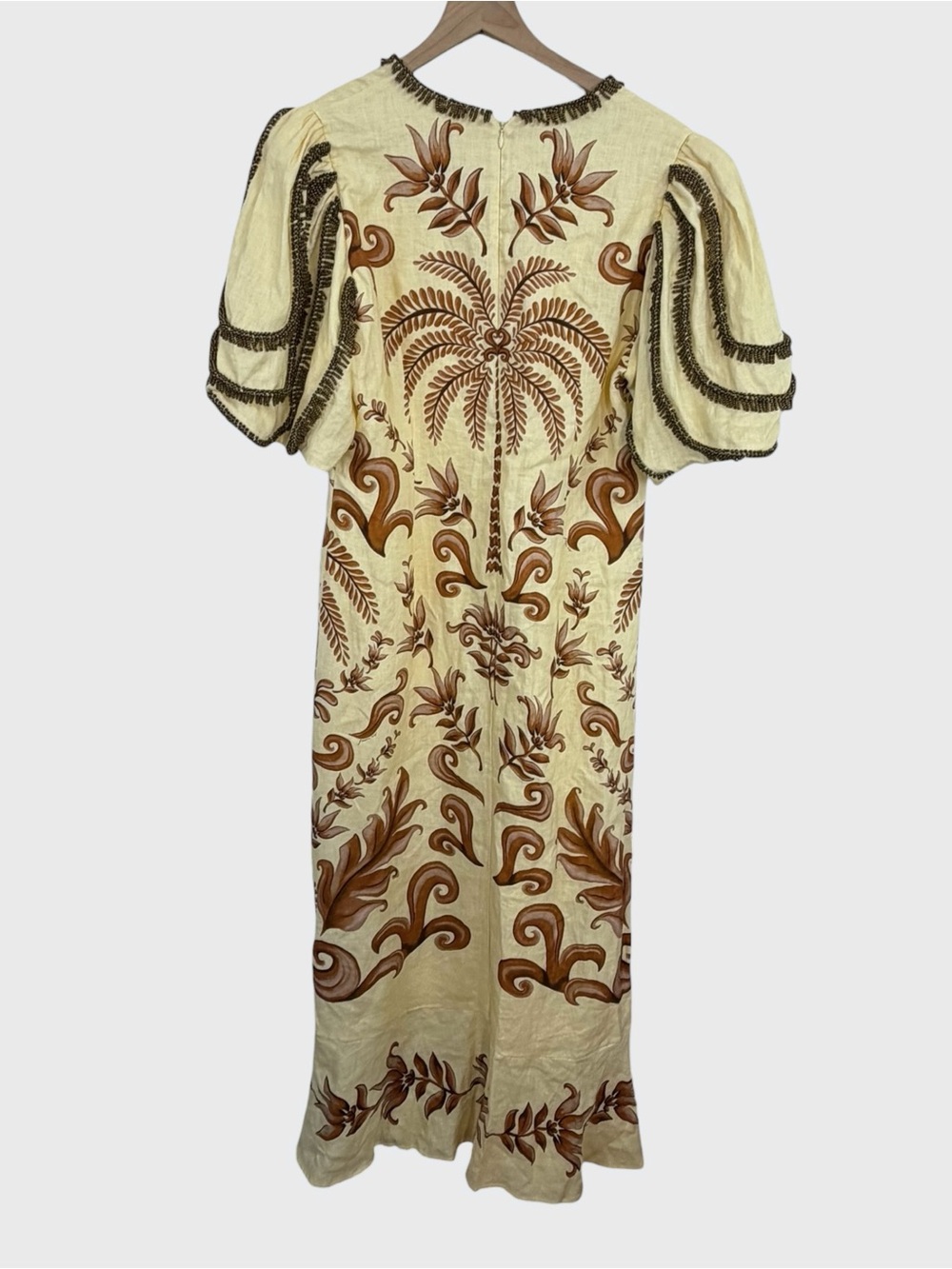 Farm Rio Ivory Brown Linen Beaded Puff Sleeve Milani Maxi Dress Size Large - Picture 4 of 11